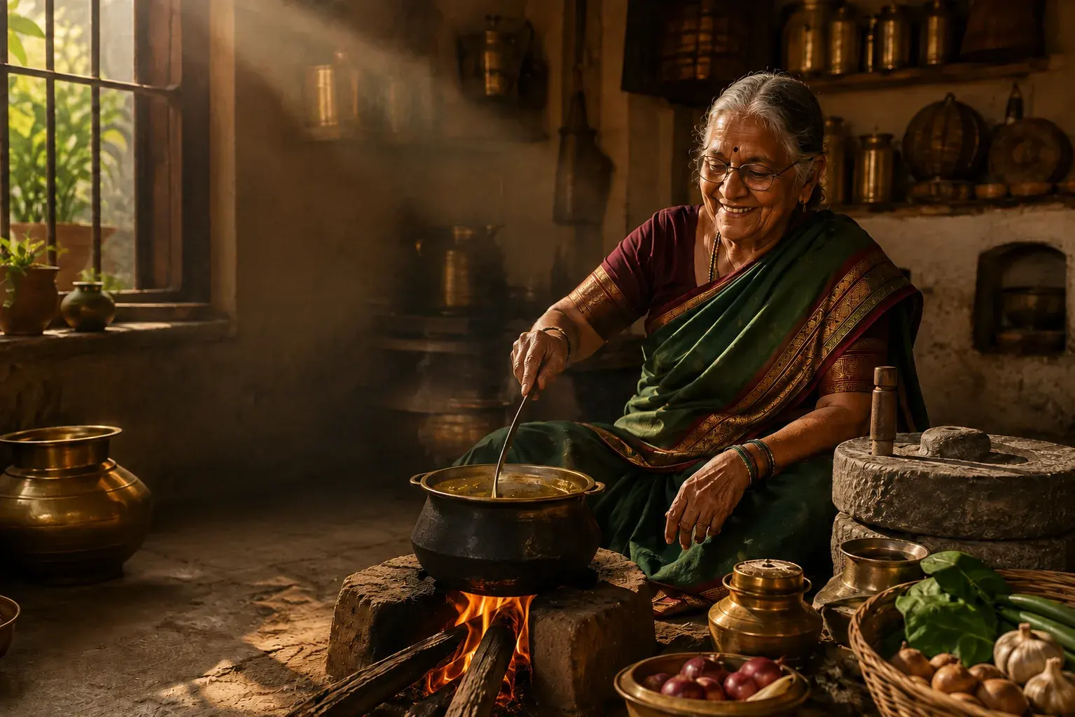 An elderly woman preparing food in a traditional kitchen