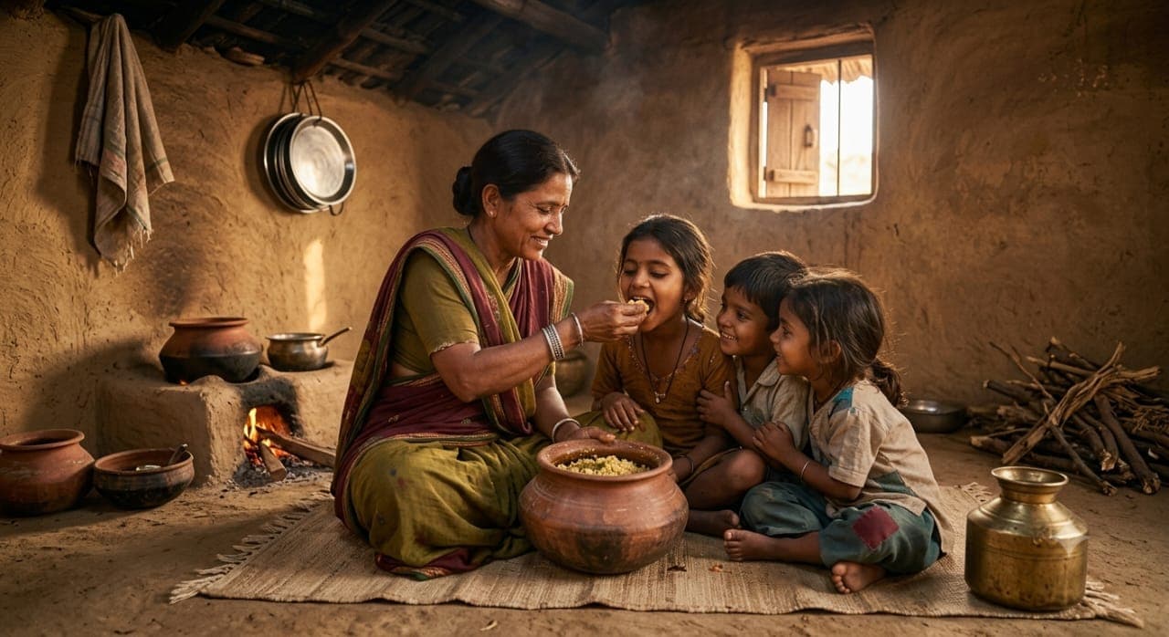 ಅಮ್ಮ ತನ್ನ ಮಕ್ಕಳಿಗೆ ಕೈತುತ್ತು ನೀಡುತ್ತಿರುವ ನೆನಪು